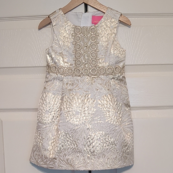 knee length dresses for ladies Lilly Pulitzer Dress NWT - Faye V-Neck Ruffle Dress - Gold - Metallic Knit  Crinkle